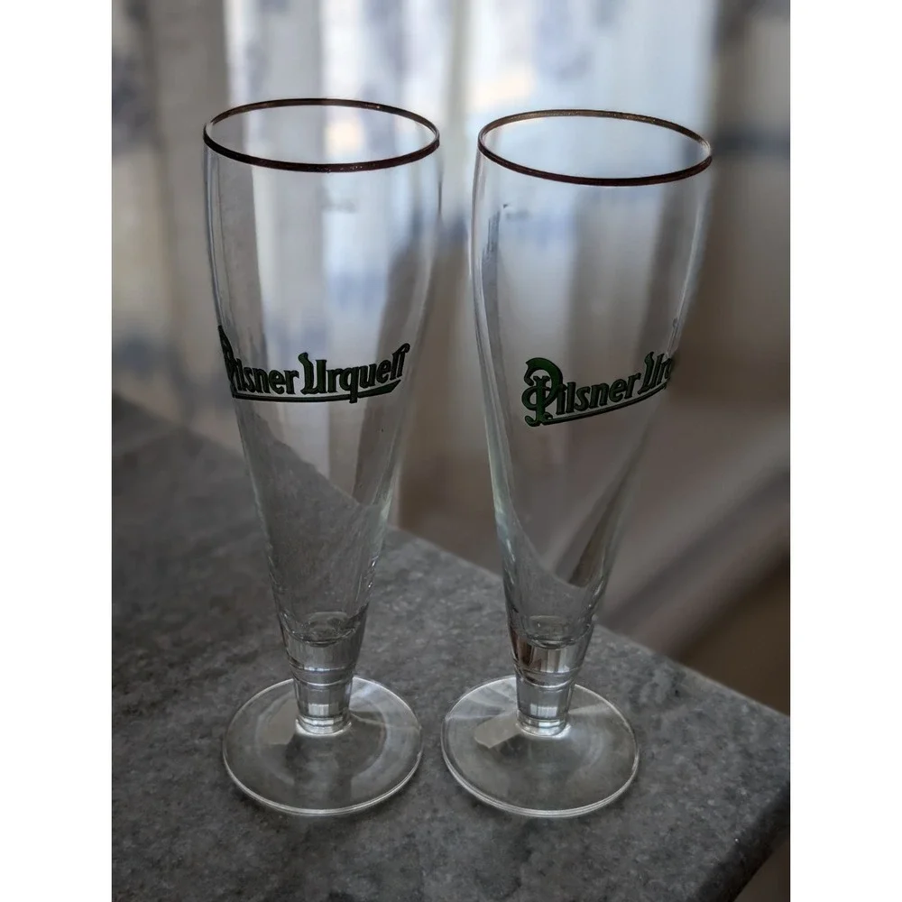 Set Of 2 New Pilsner Urquell Logo Beer Glasses, Germany Rastal, Gold Rimmed